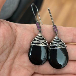 Vintage David Sigal 925 Sterling Onyx Ruby Earrings